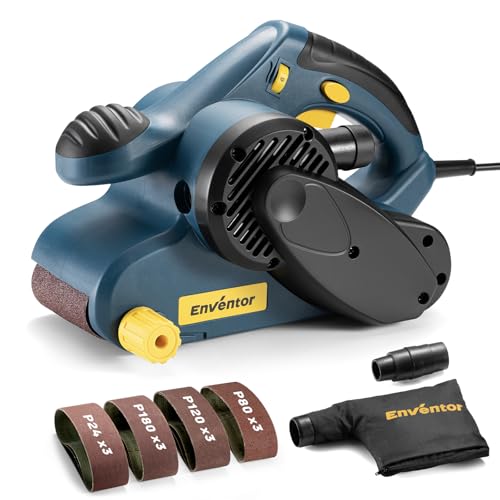 Enventor Lijadora de Banda 950W, 6 Velocidades 120-380m/min, Lijadora Electrica con 12 Bandas de Lija 76 x 533mm (P80, P120, P180,P240), Bolsa Colectora de Polvo