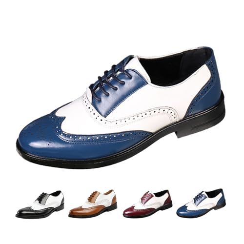 Image of Men's Colorblock Derby Dress Leather Shoes,Fashion Carving Floral Wingtip Block Lace-up Formal Business Casual Shoes