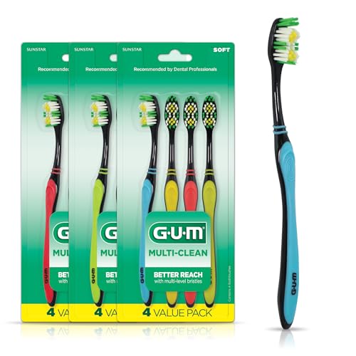 Image of GUM Multi-Clean Toothbrush, Soft Multi-Level Bristles, Medium Head, 4 Count (Pack of 3)