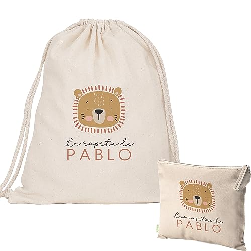 Pack Bolsa y neceser personalizado guardería escuela infantil Mochila con el nombre regalo original saco ropita preescolar algodón orgánico merienda organizadora León