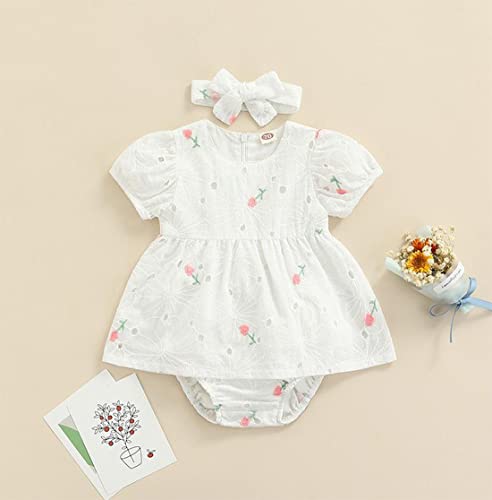 stylesilove Infant Baby Girls White Short Sleeve Eyelet Flower Embroidered Dress, Bloomers and Headband 3pcs Cotton Outfit2