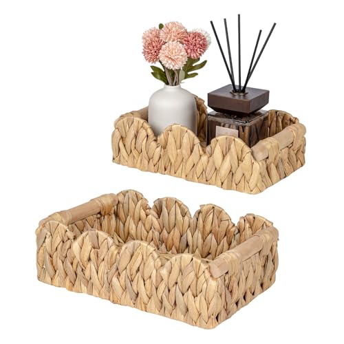 Kriitools Scalloped Toilet Paper Storage Basket for Over Toilet Shelf | Wicker Rattan Baskets for Shelf, End Table, Living Room, Bedroom, Shelves, Handwoven Farmhouse Home Decor, Natural Set 2