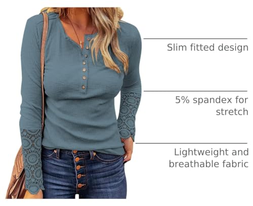Image of Kancystore Women's Fall Long Sleeve Tops Lace V Neck Button Down Henley Shirts Tunic Blouses