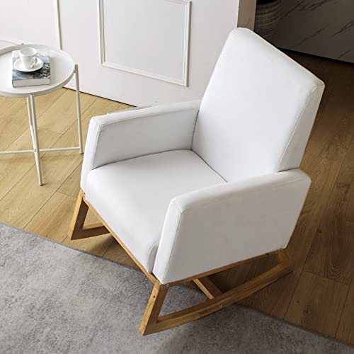 Image of Icoget Comfortable Rocking Chair Nursery, Living Room Upholstered Glider Chair w/Storage Side Pocket, Mid-Century Fabric Solid Wood Base Accent Chair, White