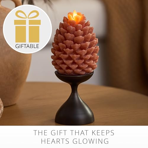 Image of Luminara Flameless Candle 4.7 inch x 6 inch Battery Operated with Timer Real Wax Unscented LED Pinecone Caramel Cafe Chalky Finish Pine Cone Figural Holiday Decoration Rustic Centerpiece Table Decor