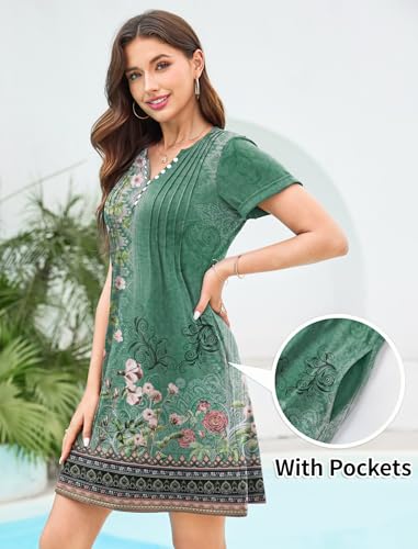 Image of Soesdemo Short Sleeve Dress for Women Bohemian V Neck Button Down Pleated Casual Flower Womens Dresses with Pockets