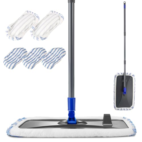 Myiosus Balai Serpillère Plat, Grande Balai à Franges Rotatif 360° avec Réglable à Long Manche de 127 cm et 5 Tampons en Microfibre, Nettoyage de Sol Sec & Humide