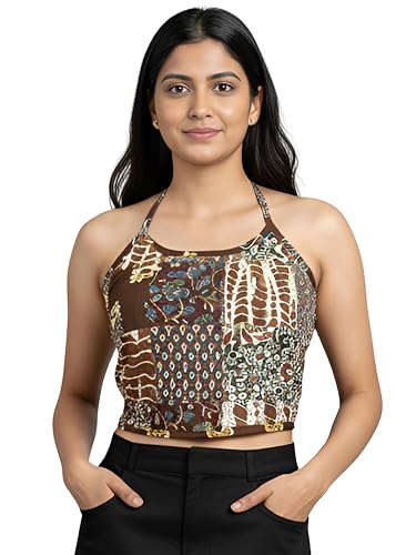 Image of Yash Gallery Women's Regular Fit Cotton Geomatrical Handblock Printed Freesize Backless Sleeveless Blouse