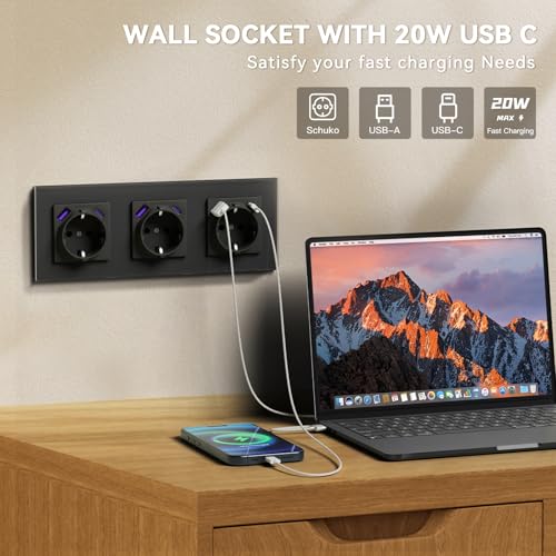 BSEED Steckdose mit USB C 20W, Schnellladen Wandsteckdose mit Krallen, EU-Standard Einbausteckdose Unterputz, Einfach Montage, 16A 250V, NEU E-Serie,3 Fach,228mm Grau