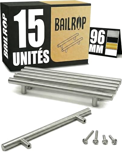 BAILROP Poignée de Meuble Cuisine Argenté 96MM - Poignée Argenté Meuble en Acier Inox - Poignet de Porte Cuisine et Armoire 15 UNITÉS