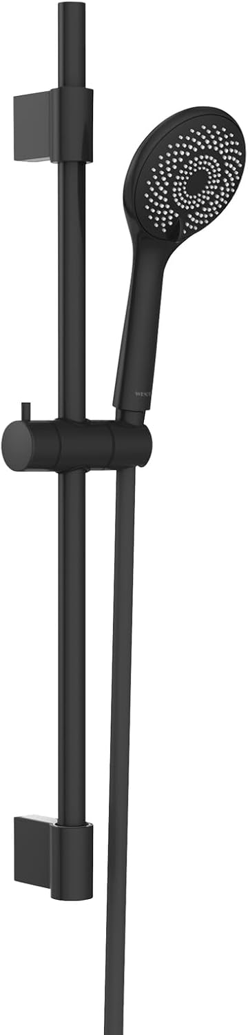 WENKO Shower set, shower rod set in high-quality stainless steel, water-saving shower head with 3 spray types and hose, for instantaneous water heaters, universal connection ½", 70 cm, black
