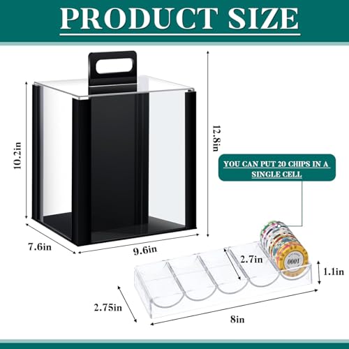 Hiboom 2 Pack Acrylic Poker Chip Case, 1000 Pcs Chips Capacity Chip Trays Set Including Carrier Acrylic Display Case and 10 Pcs Trays Racks Holder (Black) - Thumbnail 2