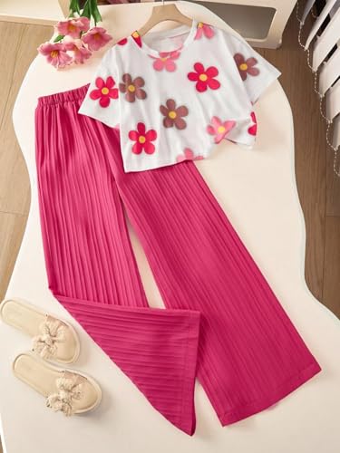 Image of TAGAS Girls Floral Printed Co-Ord Set | Half Sleeve Crop Top & Ribbed Wide Leg Palazzo Pants | Stylish Summer Outfit | Casual Wear top and pant |Set for Kids Girls
