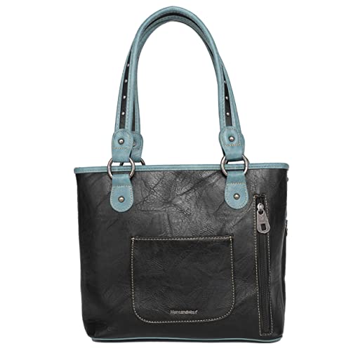 Women's Leather Hobo Purse Western Shoulder Handbag Tooled Studded (Black Fringe, Concho) #TOP1