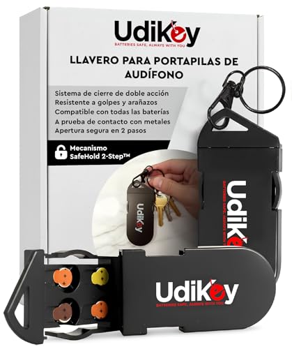 Portapilas para Pilas Audífonos Tipo 10 13 312 con 6 Alojamientos   Llavero UdiKey Metálico con Cierre Seguro y Apertura Rápida