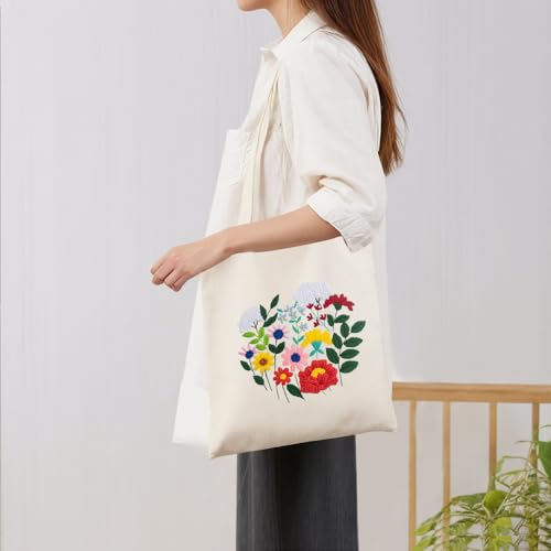 Image of Huacan Embroidery Canvas Bag Kits for Adults Beginner Stamped Flowers Pattern DIY Cross Stitch Printed Flower Stitching Sewing Kit