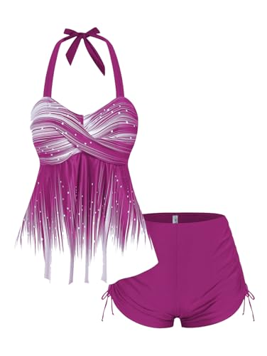 ROSE GAL Womens Plus Size Halter Backless Empire Waist Modest Boyshorts Tankini Swimsuit Set