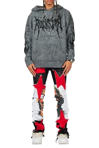 Men's Savage Black/Red Patchwork Stacked Flare Jean