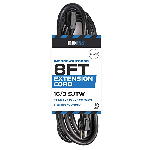 Iron Forge 8 Ft Extension Cord, 16/3 Black 8 Foot Extension Cord Indoor/Outdoor Use, 3 Prong, Weatherproof Exterior Extension Cord, Great For Gardens, Landscaping, Lawn Mower, Us Veteran Owned #TOP2