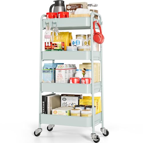 Image of TOOLF 4-Tier Rolling Cart - Metal Storage Organizer with Lockable Wheels, 44 lbs Per Shelf Capacity, Tool-Free Assembly, for Kitchen Bathroom Office Laundry Room Nursery, Green