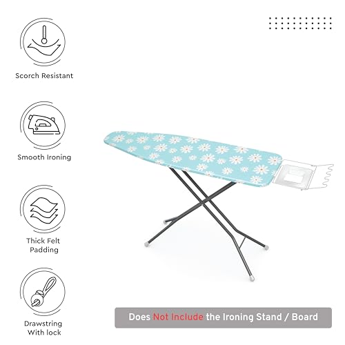 Image of Encasa XO Ironing Board Cover with 3mm Thick Felt Pad for Steam Press (Fits Standard Large Boards of 125x39 cm) Heat Reflective, Scorch & Stain Resistant, Printed - Daisy Blue