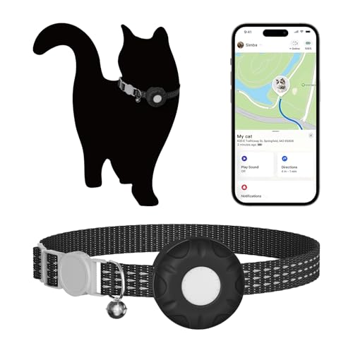 Image of Cat Tracker, Real Time GPS Tracker Compatible with Apple Find My App(Only iOS), Waterproof Cat Tracker Collar with Bell and Safety Elastic Buckle, No Monthly Fee Pet Trackers for Pets, Kids (Black)