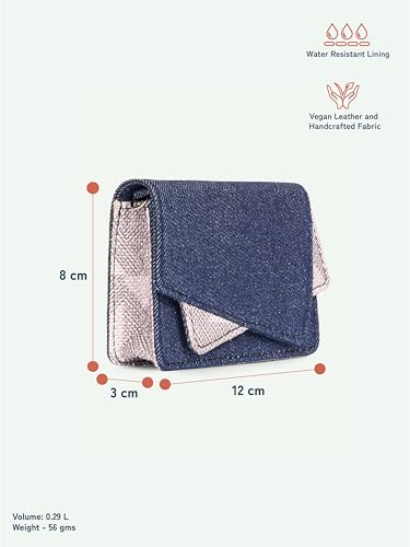 Image of ZOUK Tovi Mini Bag Wallet | Stylish Vegan Denim Crossbody Wallet for Women with Card Slots & Water-Resistant Lining | Handcrafted Small Sling Bag with Silver Chain Strap | Aravalli Abstract
