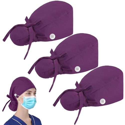 imagen de HETIE 3 Piezas Gorros Quirurgicos Mujer, Sombrero de Trabajo para Mujer Ajustable, Bolsa de Cola de Caballo con Lazo en La Espalda Adecuado para Trabajar, Cuidar y Cocinar (Púrpura, Regular)