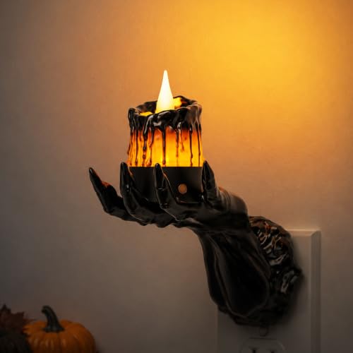 Image of Halloween Ghost Hand Candle Night Light, Plug in LED Night Light | Amber Halloween Night Light with Realistic Flickering Flame Effect, Dusk to Dawn Sensor for Kids Room, Party & Home Decor