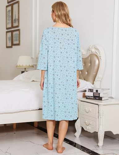 Image of Bloggerlove House Dress Women Cotton Snap Front Nightgown 3 /4 Sleeve Housecoat Duster Robe with Pockets Moomoo Patio Dress