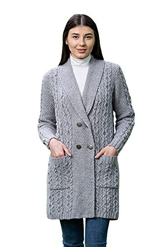 Image of SAOL 100% Irish Merino Wool Ladies Shawl Collar Cardigan Coat with Pockets