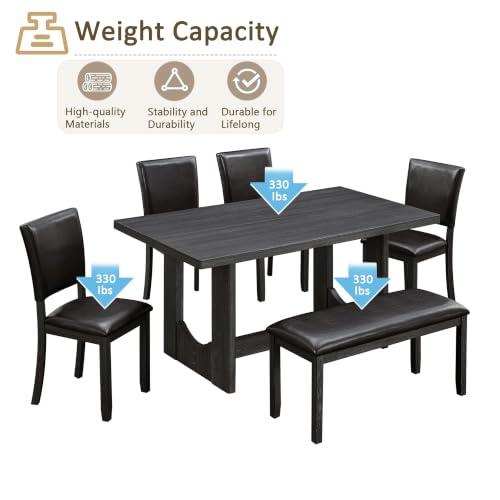 Image of LUMISOL 6 Piece Farmhouse Dining Table Set, Solid Wood Dining Table with 4 PU Leather Chairs and Bench, U-Shaped Base Kitchen Set for Dining Room, Kitchen, Antique Black + Brown