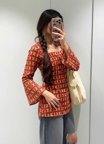 Image of ANNI Designer Women's Viscose Blend Printed Short Kurti | Straight Fit Casual Ethnic Top | Square Neck Full Sleeve Kurta Office College