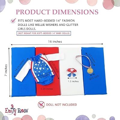 Emily Rose 14 Doll 5-PC Gymnastics Outfit Set with Bejeweled Leotard, Winner Medal & Reusable Stickers | Padded Mat & Hair Tie | Fits WellieWishers & Similar 14-14.5 Hard-Bodied Dolls (NO Doll)