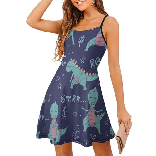 Robe d'été à bretelles imprimé dinosaures verts pour un look frais