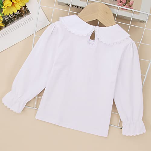 Image of Peter Pan Collar Shirt Toddler Baby Girls White Blouse Puff Sleeve Top | White Collared Shirt Girls, Toddler Long Sleeve Ruffle Shirt, Short Sleeve Button Down Shirt, Kids Scalloped Collar Blouse
