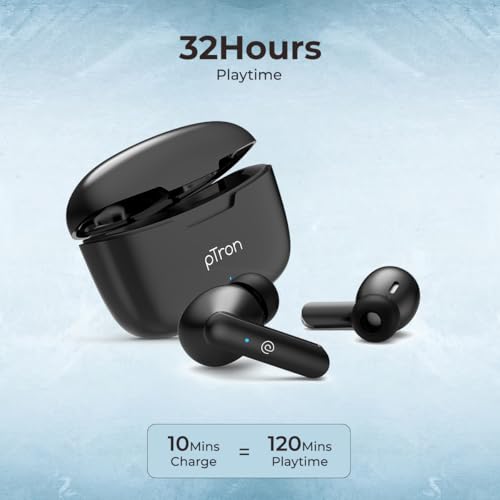 Image of pTron Basspods P81 in-Ear Wireless Earbuds, Pristine Sound, 32Hrs Playtime, Clear Calls TWS Earbuds, Bluetooth V5.1 Headphone, Type-C Fast Charging, Voice Assist & IPX4 Water Resistant (Black)