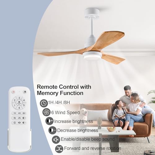 Image of 42 Inch Outdoor Ceiling Fans with Lights and Remote Control, Dimmable Outdoor Ceiling Fans for Patios 3 Blade Wood White Natural Wood Bedroom Ceiling Fan with Light, Wall Switch