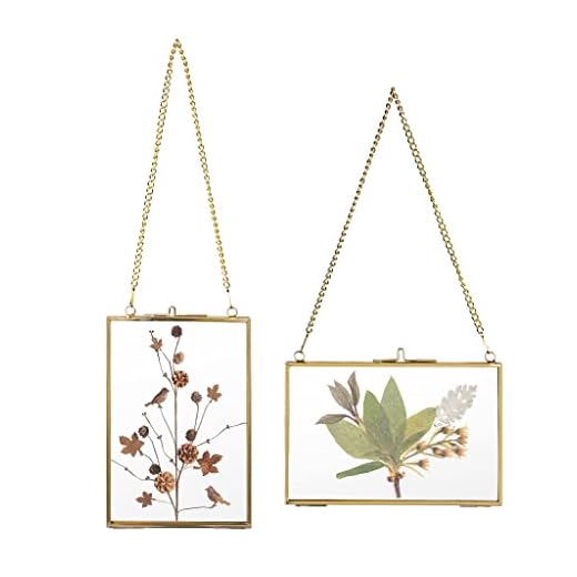 JUXYES Set of 2 Brass Wall Hanging Photo Frame, Golden Glass Hanging Picture Artwork Display Frame, Double Glass Floating Frame Style Gallery Wall Frame for Photo Picture Poster etc