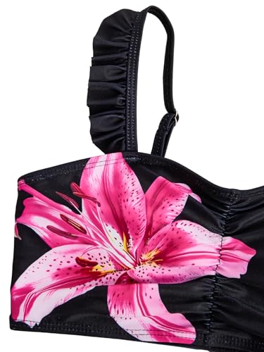 Image of RoseSeek Girl's 2 Piece Cherry Print Swimwear Ruffle Trim Ruched Bathing Suits Cute Swimsuits