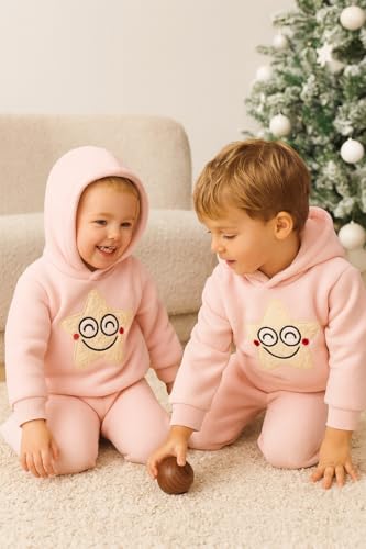 Image of Bold N Elegant Unisex Kids Fleece Printed Smiling Star Warm Fur Pullover Sweatshirt Hoodie Tshirt and Jogger Pant Winter Clothing Set Dress