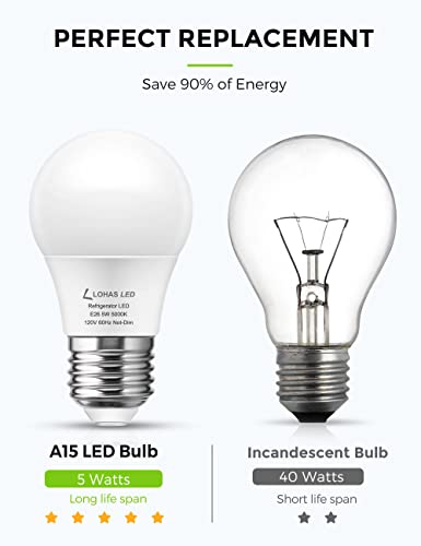 Lohas Refrigerator Light Bulb, 40W Equivalent 120V A15 Fridge Waterproof Bulbs, 5W E26 Medium Base Daylight White 5000K For Freezer Home Kitchen Lighting, Non-Dimmable, 2 Pack #TOP2