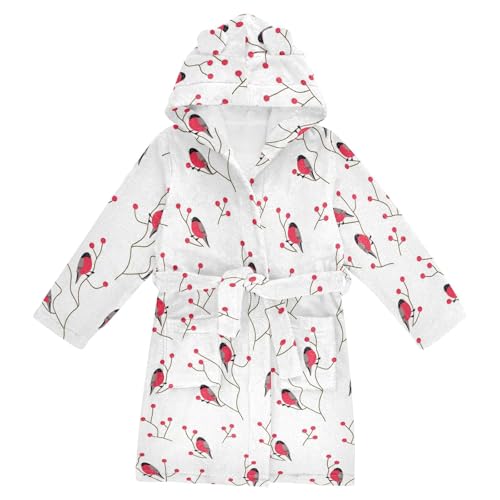 WIFIU Toddler Baby Hooded Bathrobe for Boys Girls Bullfinches Printed, Soft Plush Bath Towel Robe with 2 Pockets Birds for 7-9 Years