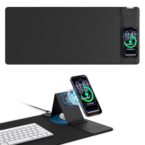 Image of Mouse Pad with Magnetic Wireless Charging & Adjustable Phone Stand | 27.5 inchx11.8 inch Computer Keyboard Pad Mat with Anti-Slip Base & Stitched Edge, Easy Gliding, Spill-Resistant Surface, Black