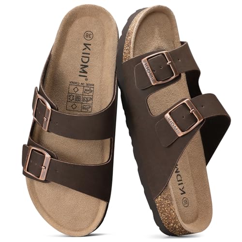 Image of KIDMI Unisex Summer Sandals Arch Support Cork Footbed Slide Sandals with Double Adjustable Buckle for Women Men