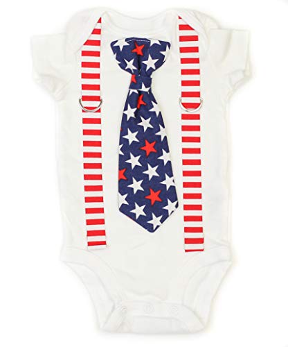 Cuddle Sleep Dream Baby Boy 4th of July Outfit, Patriotic Baby Boy Clothes, Stars & Stripes Bodysuit, Tie and Suspenders (24 Month)