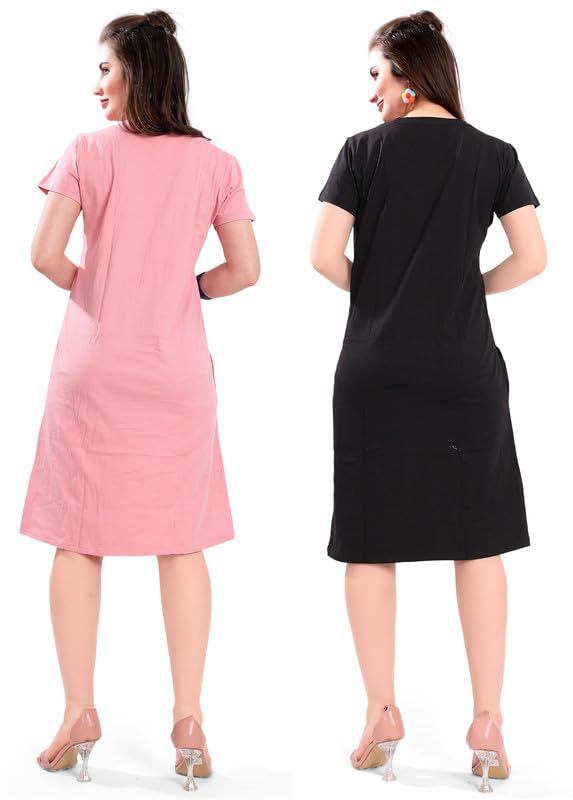Image of Printed Knee Length Pocket Night Dresses for Women | Cat Lover | Premium Soft Cotton Nighty | Blue and Maroon