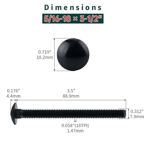 Image of 5 /16-18 x 3-1 /2 inch Black Carriage Bolts with Nuts and Washers Kits (10 Sets), 304 Stainless Steel 18 /8, Black Finish, Round Head, Square Neck, Heavy Duty Bolts, Indoor Outdoor Fastening Bolts, Fayeploo