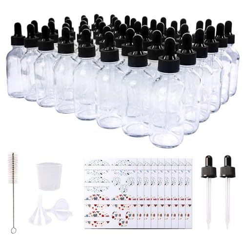 Comrzor 48 Pack 2oz Clear Glass Bottles with Glass Eye Droppers for Essential Oils Perfumes & Lab Chemicals (Brush Funnels 2 Extra Droppers 54 Pieces Labels & 30ml Measuring Cup Included)