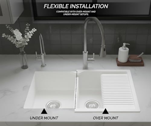 Image of EVANEX Quartz Sink for Kitchen|45x20x9 inch Double Bowl Kitchen Sink with Drain Board|Matt Finish|White Quartz Kitchen Sink with Sink Connector, Waste Pipe, Coupling and Drain Basket